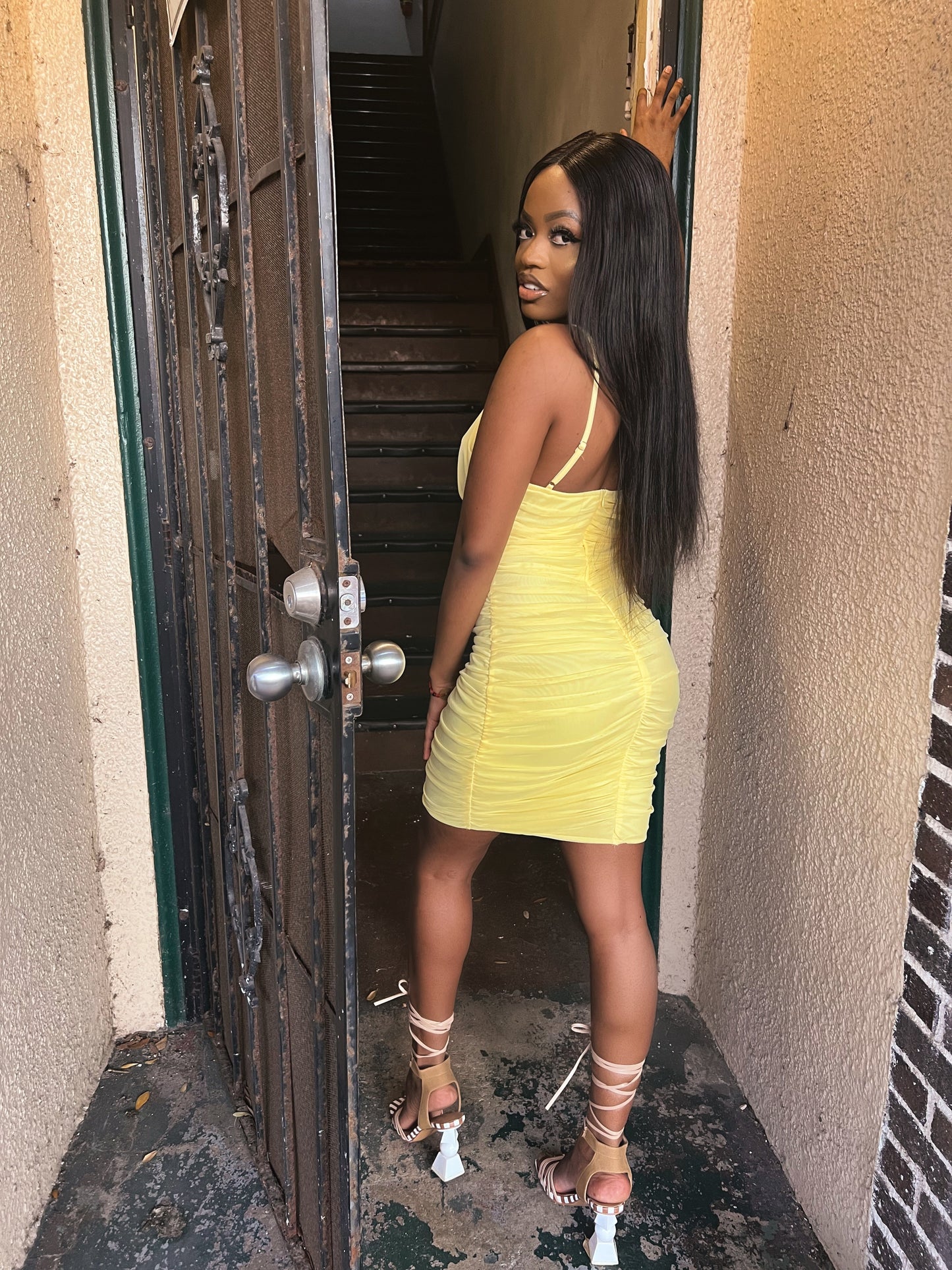 Yellow Mesh Pleat Sexy Bodycon Dress